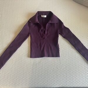 Aritzia Babaton Ribbed Knit Cropped Long Sleeve Polo Top XS XXS Purple